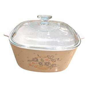 Corning Ware Floral Basket Casserole Dish with Glass Lid Square White A-3-B 3 Qt